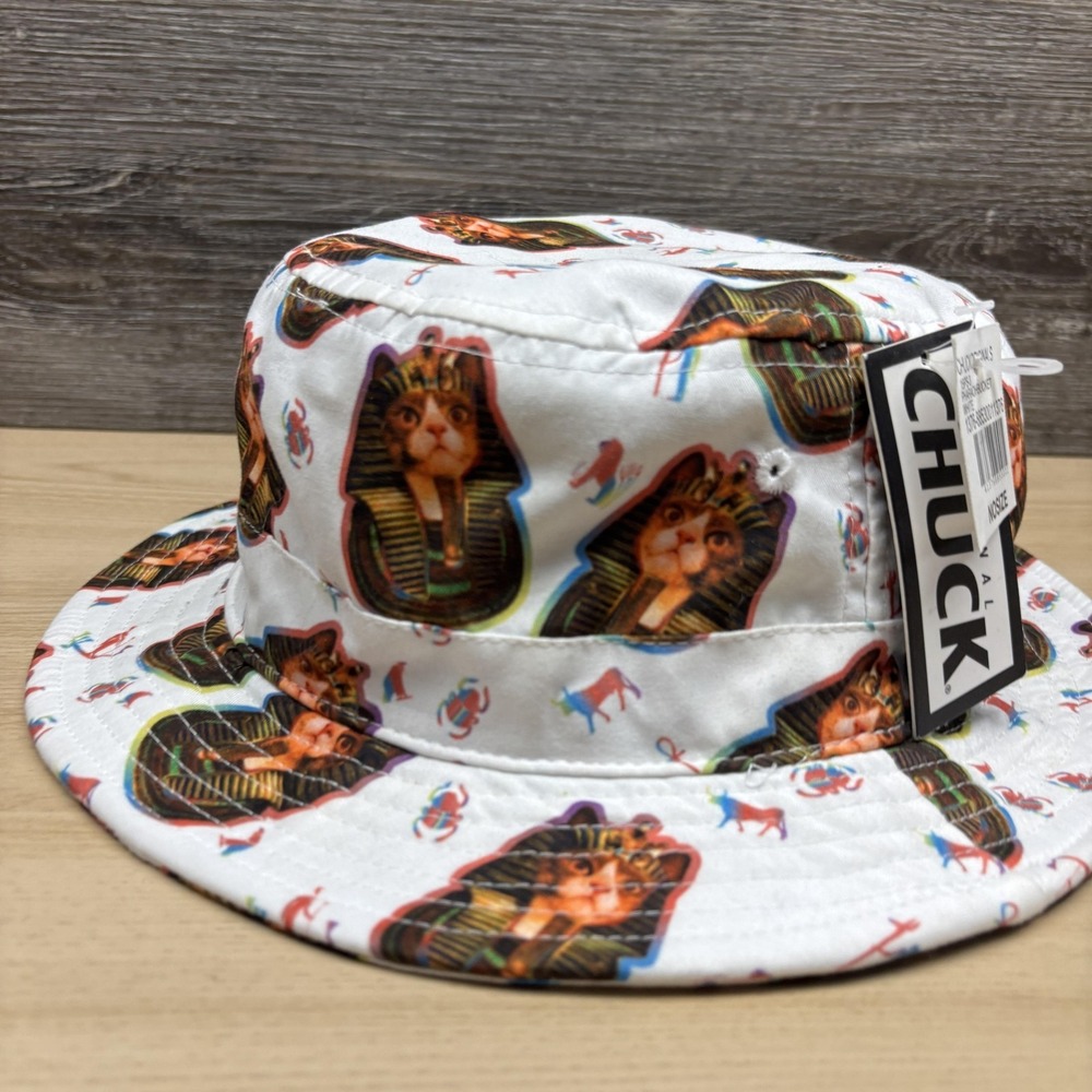 Original Chuck Hat Bucket Fitted One Size White Cat Pharaoh Allover Print NWT - Picture 2 of 12